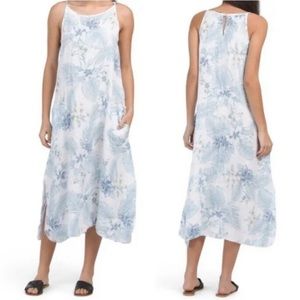 NWT Lungo L'Arno Womens Linen Palm Floral Dress Blue White Midi